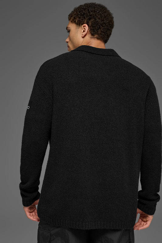 Textured Knit Long Sleeve Polo - Black
