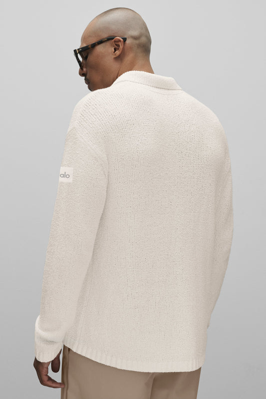 Textured Knit Long Sleeve Polo - Ivory