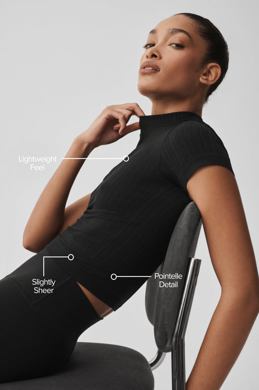Seamless Pointelle Mock Neck Short Sleeve - Black