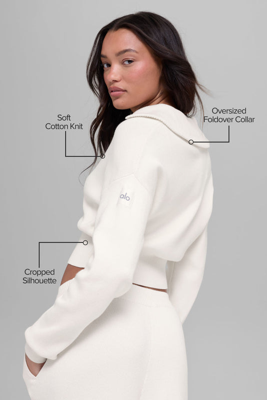 Scholar Knit Cropped Full Zip Jacket - Ivory