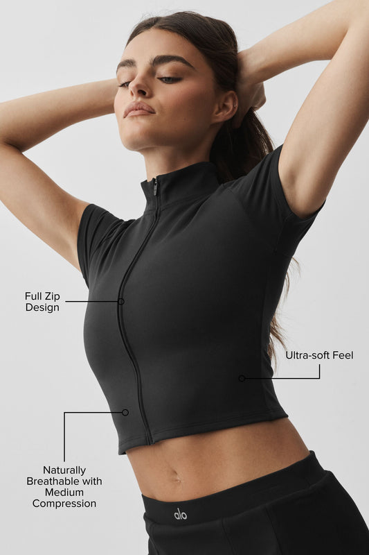ALO Softsculpt Full Zip Short Sleeve - Black