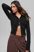 Wool Cashmere Ribbed Noble Full Zip Hoodie - Black