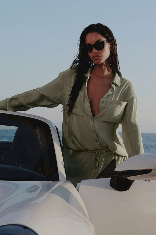 Semi-Sheer Golden Hour Button Down Long Sleeve - Dune Grass