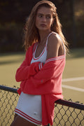 Tennis Club Sweater Knit Cardigan - Candy Red/White