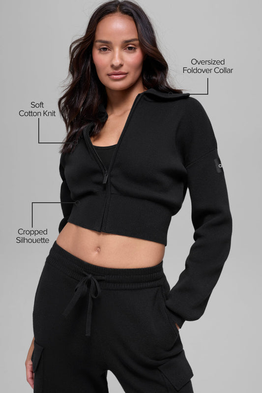 Scholar Knit Cropped Full Zip Jacket - Black