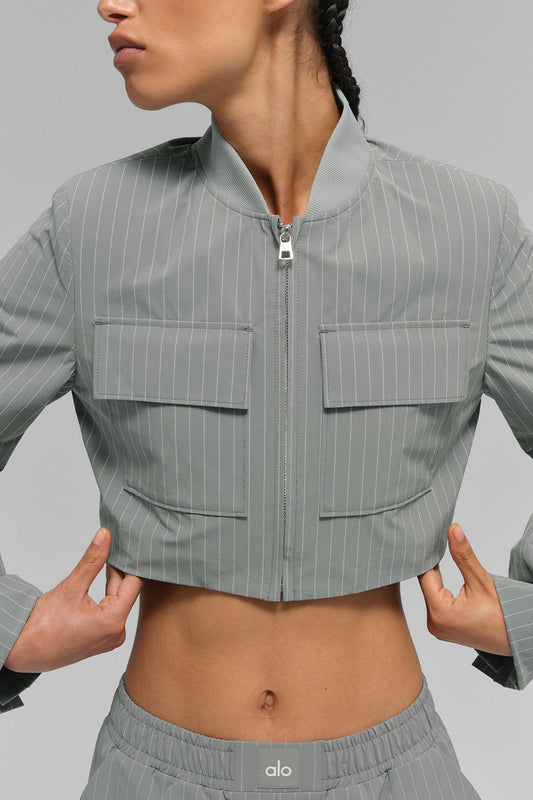 Cropped Pinstripe Main Character Full Zip Jacket - Lunar Grey/White