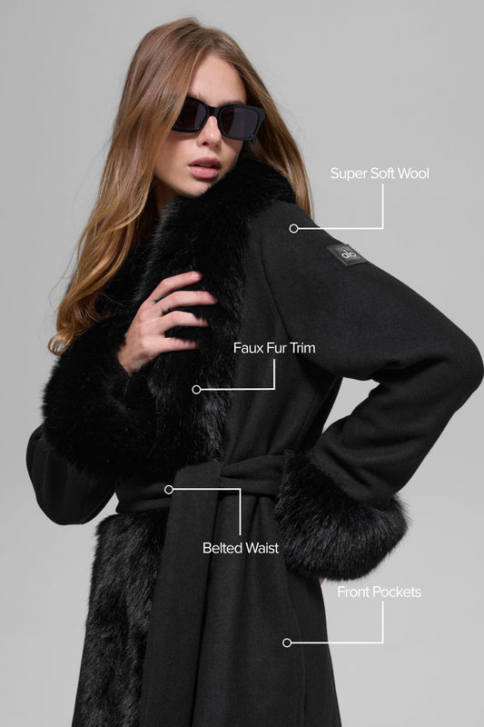 Faux Fur Trimmed Longline Coat - Black